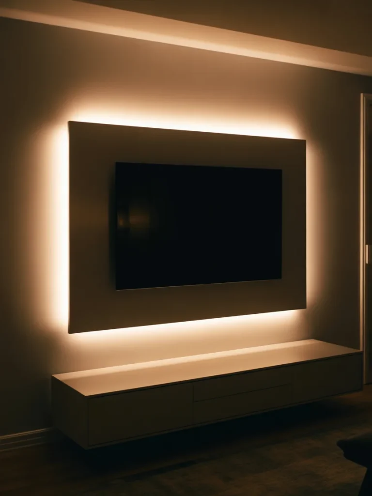 LED backlit TV wall with floating media console in modern basement