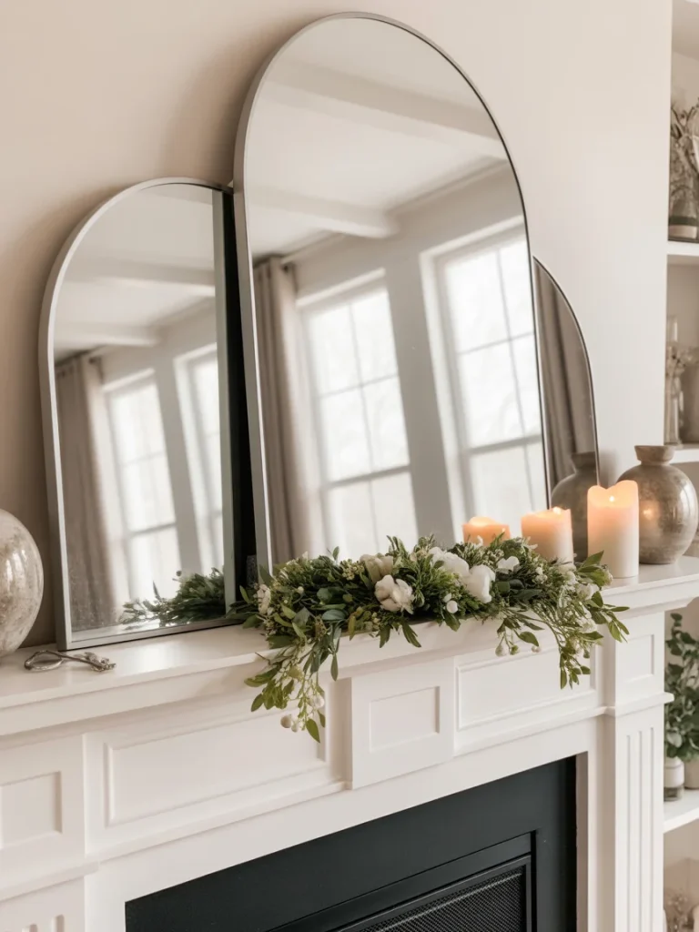 Layered arched mirrors on spring mantel with greenery garland and candles