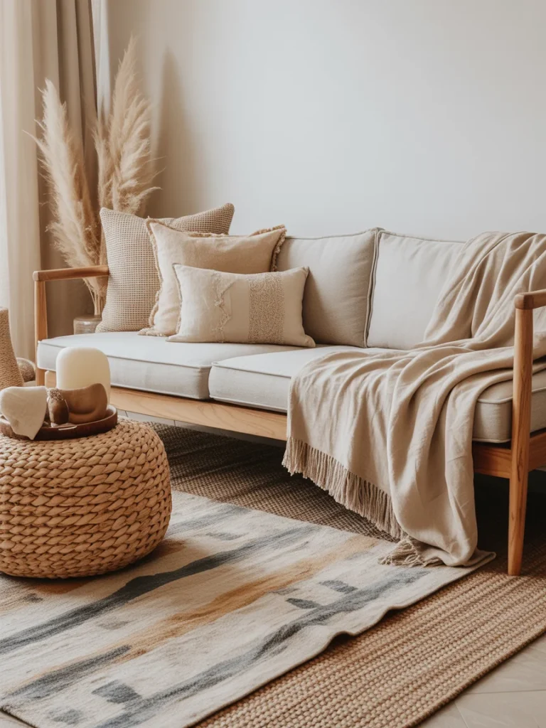 Layered neutral textiles on boho sofa with throw blanket and textured pillows
