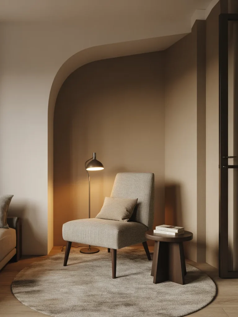 Minimalist living room reading nook with accent chair and floor lamp