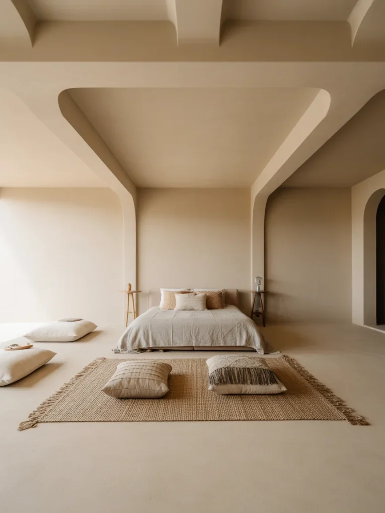 Minimal boho bedroom with low furniture layout and floor cushions in neutral tones