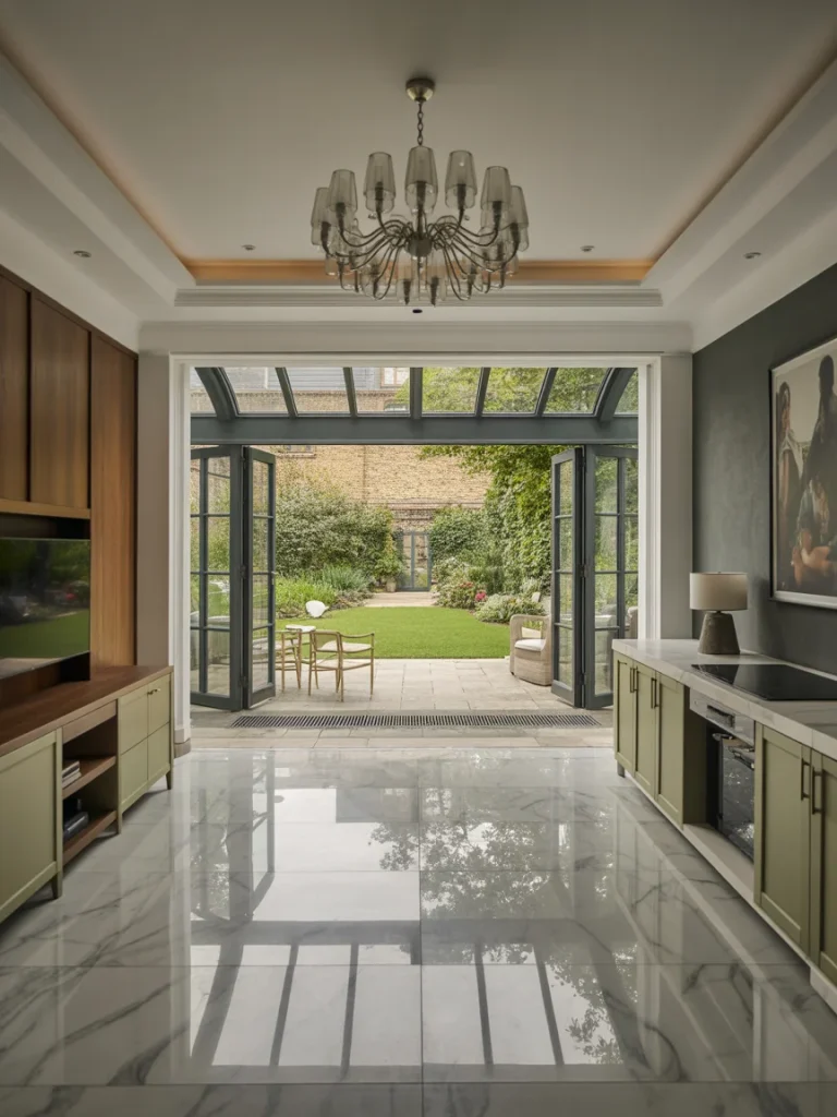 Luxury home extension with glass roof, marble flooring, and open doors to garden