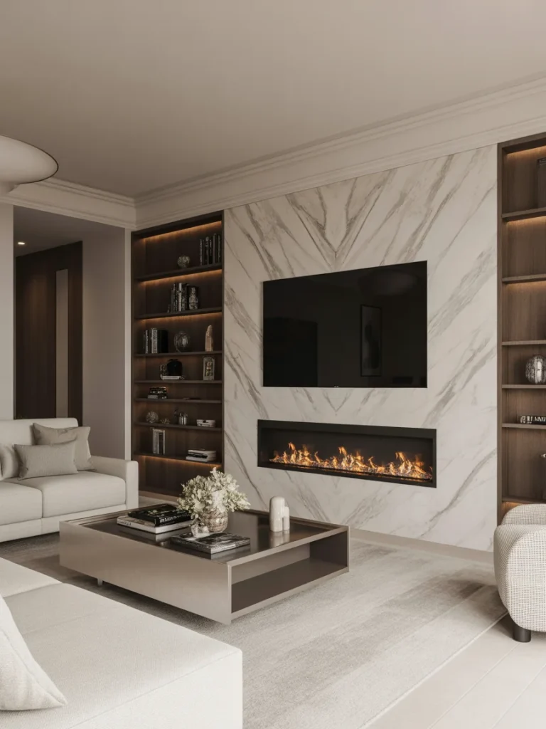 Luxury fireplace feature wall with wall-mounted TV, marble slab surround, and built-in shelving