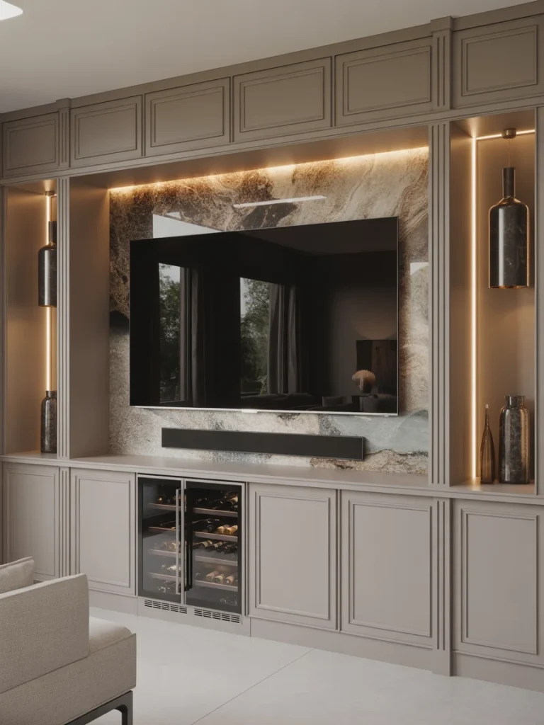 Luxury-inspired basement TV wall with marble backdrop and built-in cabinetry