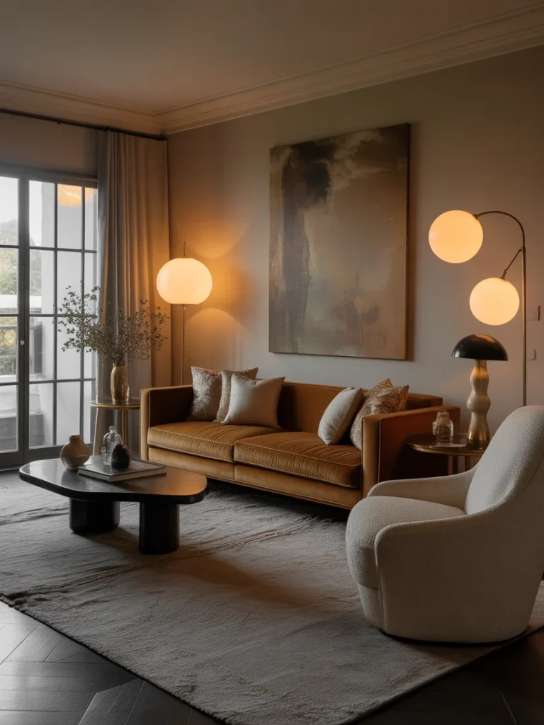 Luxury living room with caramel velvet sofa, sculptural lighting, and modern statement furniture