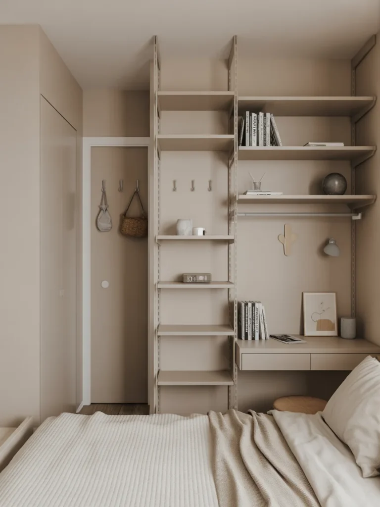 Tiny bedroom with tall vertical shelving and built-in desk storage
