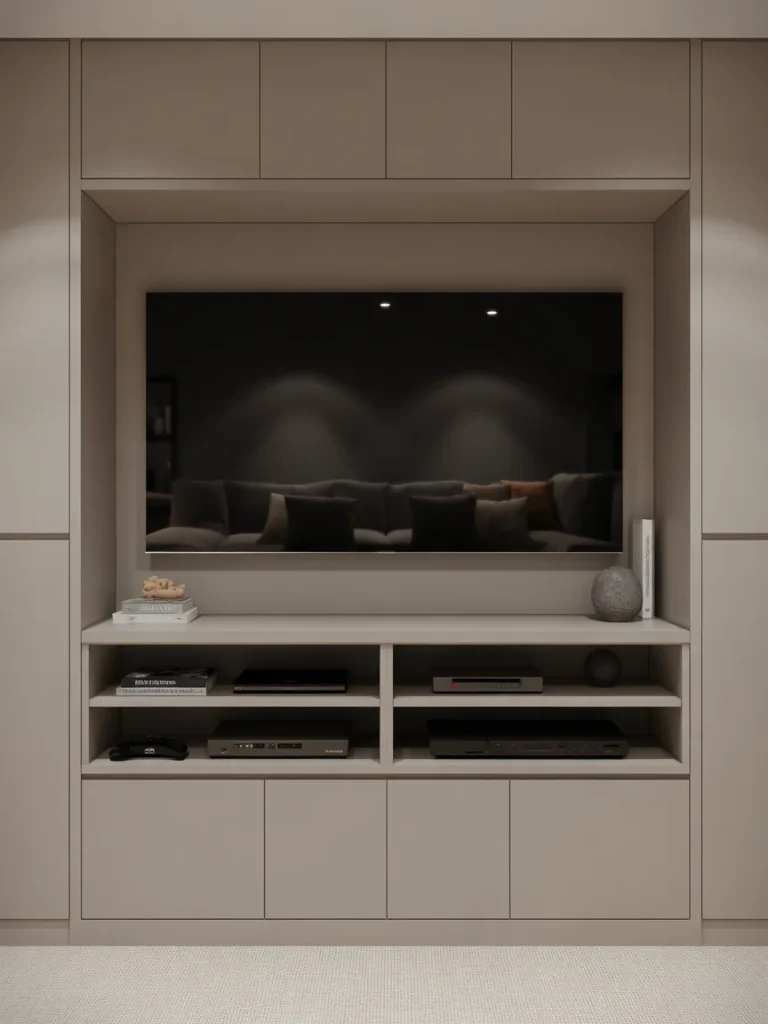 Media wall with hidden storage cabinets and built-in shelving around TV