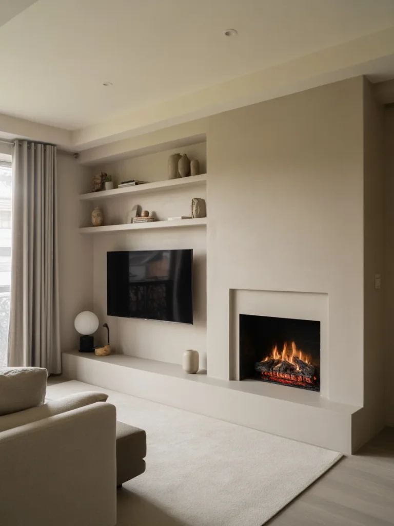 Minimal fireplace and TV layout with built-in shelving, neutral tones, and a clean modern living room design