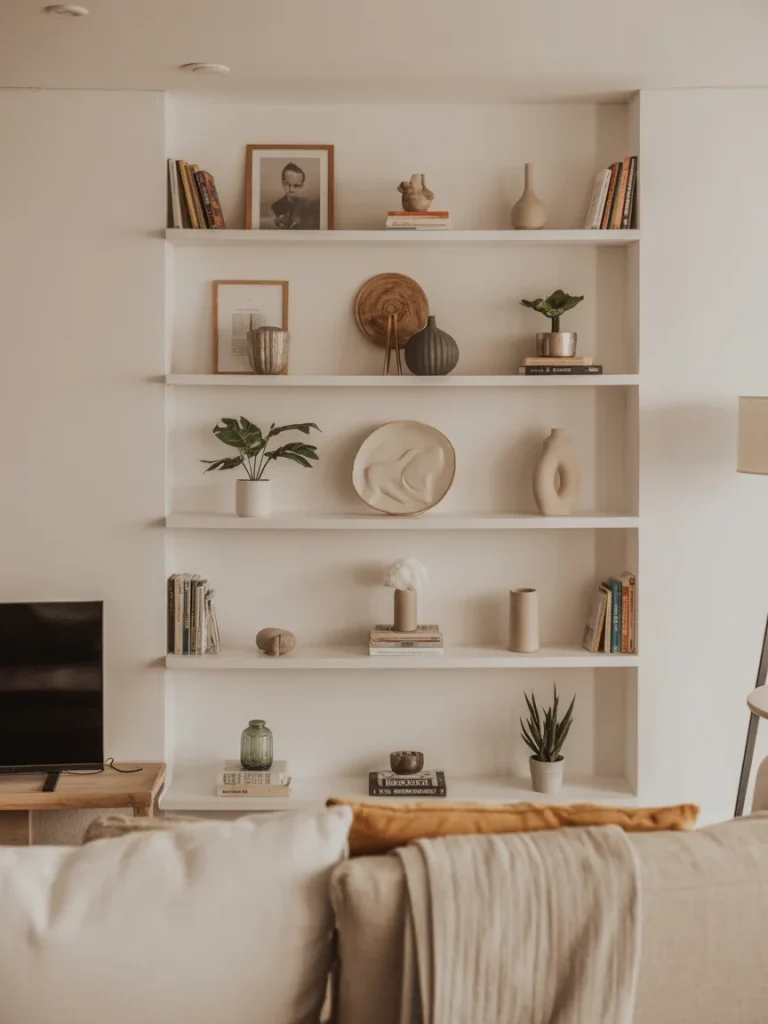 Minimal boho shelving with curated neutral decor and simple styling