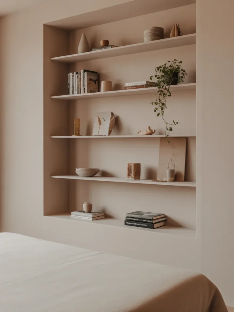 Minimal built-in shelving with neutral decor and clean, organized styling