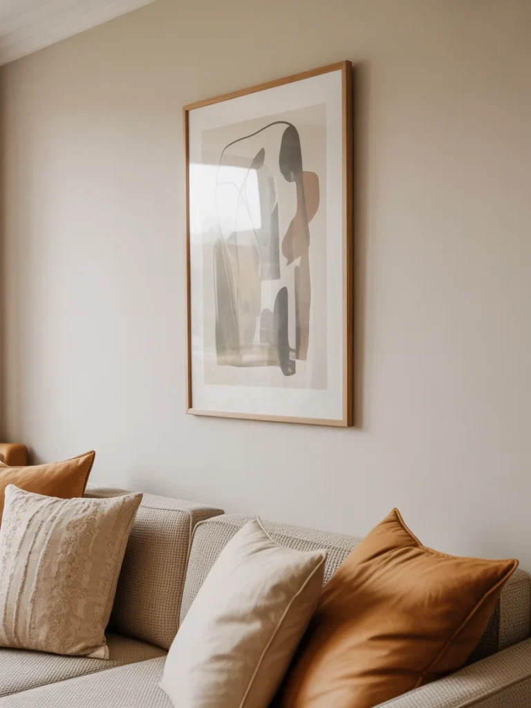 Minimalist boho wall art above neutral sofa with earthy pillows