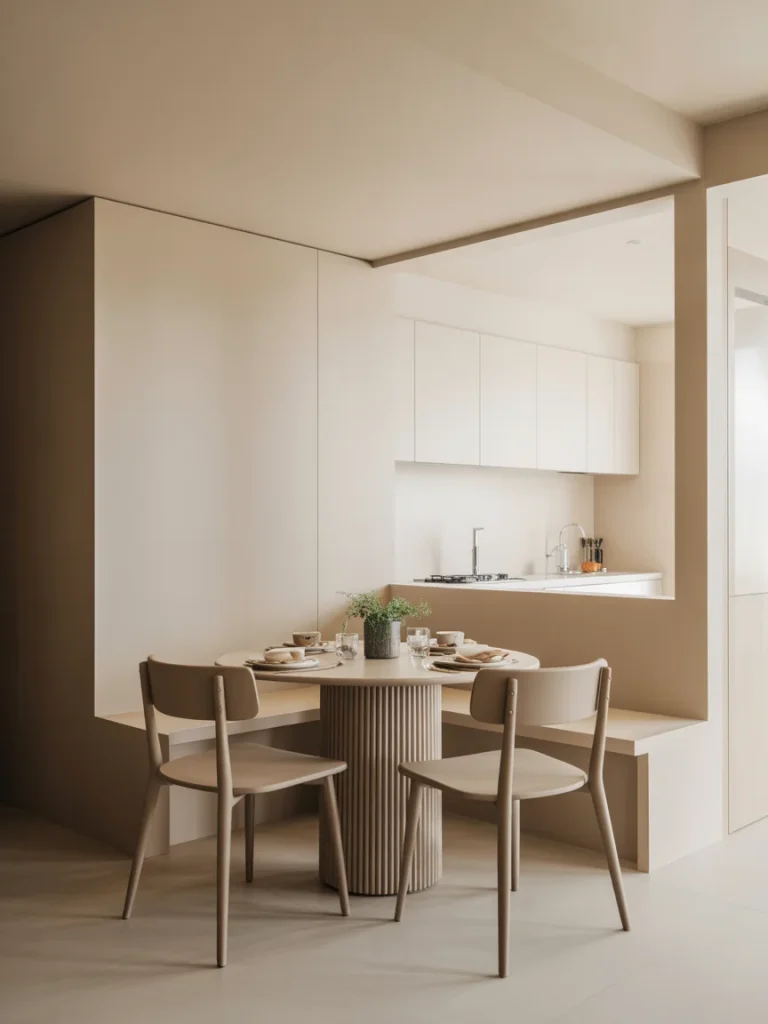 Minimalist breakfast nook with round table and clean-lined seating in neutral tones