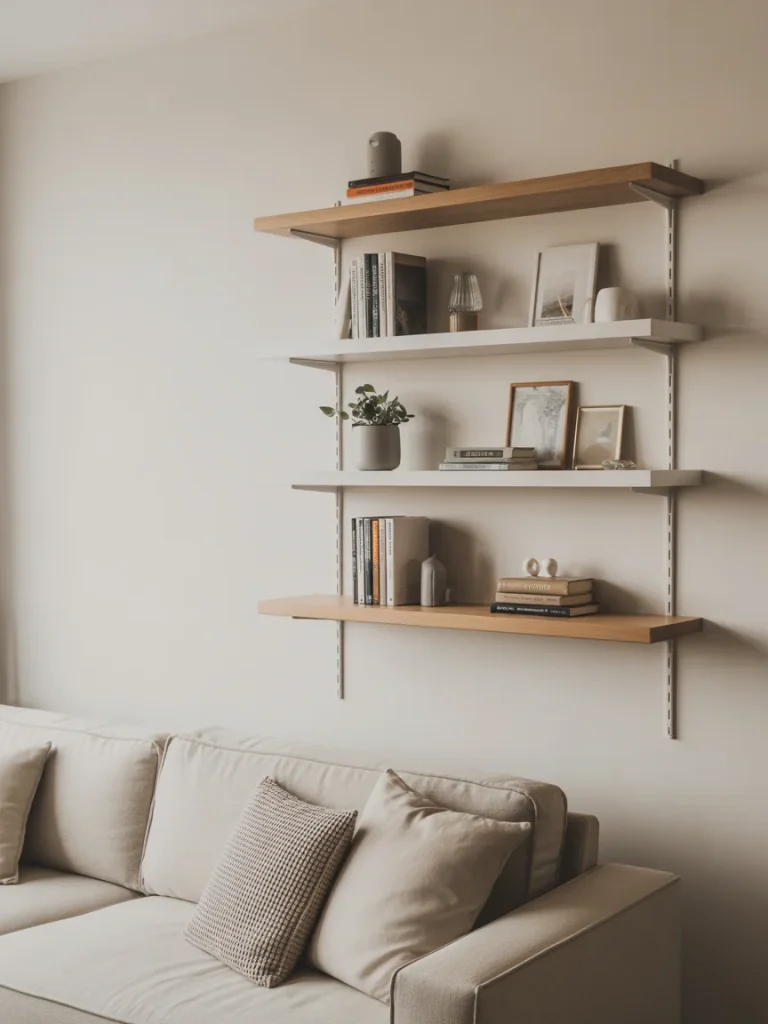 Minimalist floating shelves with books and decor above a neutral sofa
