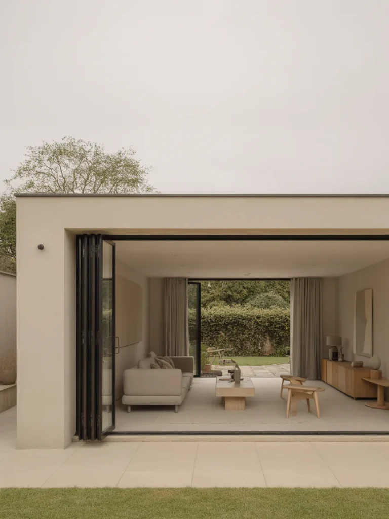 Minimalist garden room extension with large folding glass doors and neutral interior