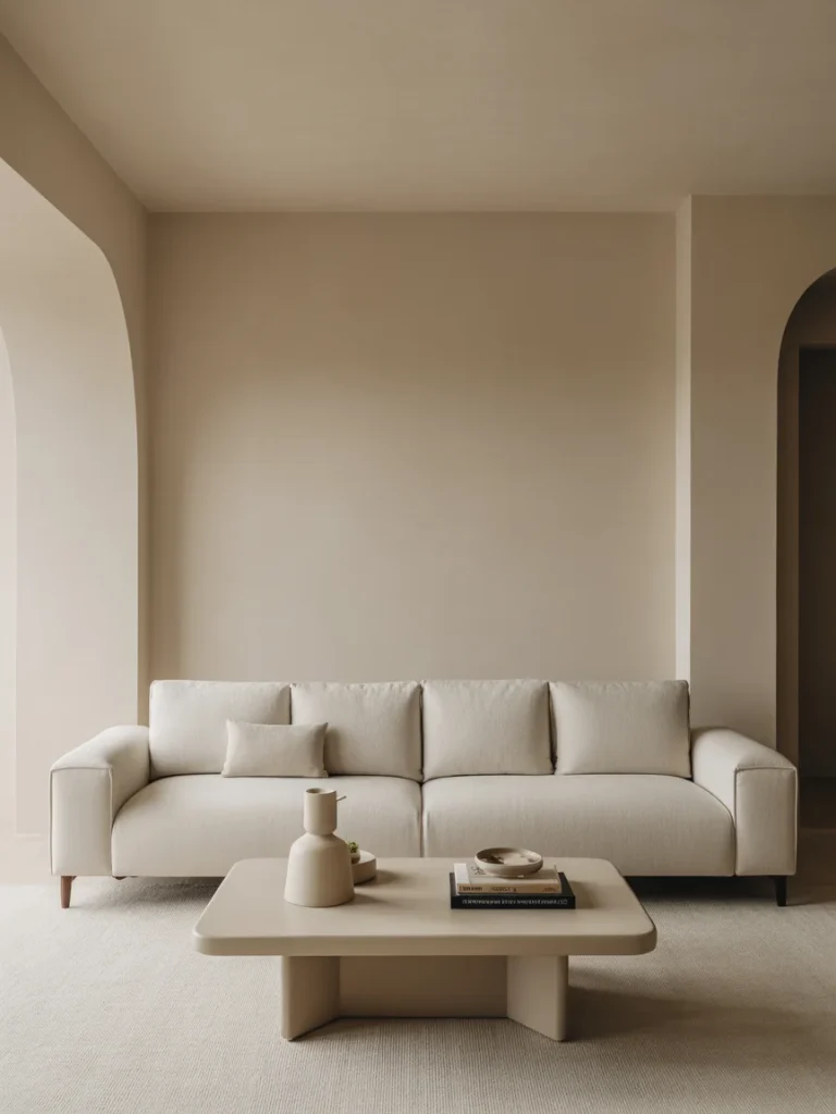 Minimalist living room with neutral sofa and simple modern coffee table