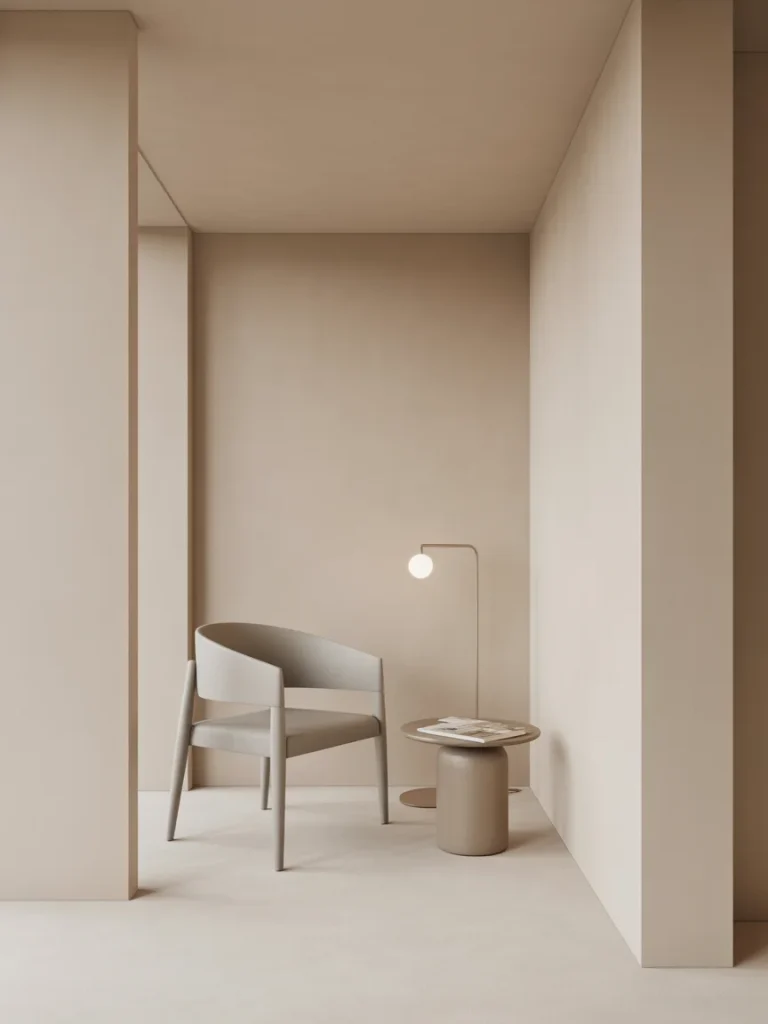 Minimalist reading nook with modern chair, small table, and soft lighting