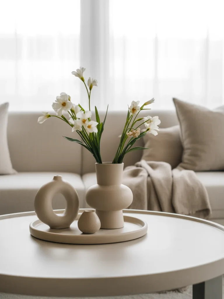Minimalist spring decor with neutral ceramic vases and fresh white flowers on a modern coffee table