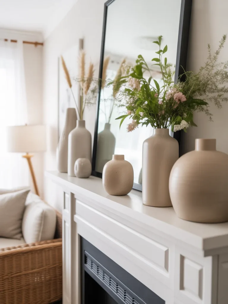 Minimalist spring mantel with neutral ceramic vases, greenery, and large mirror