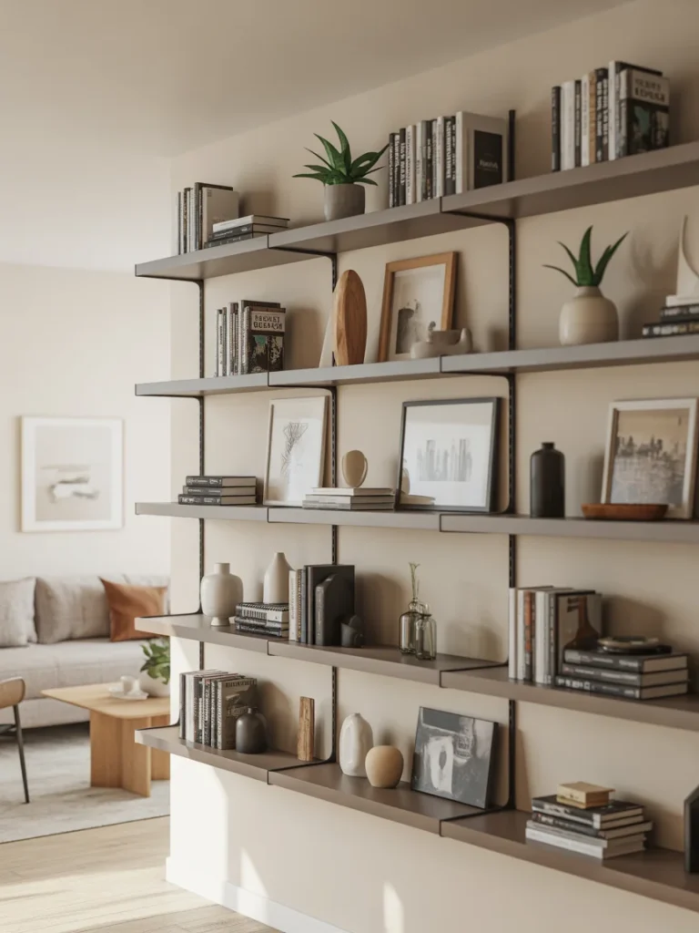 Floating shelves with mixed decor styling featuring books, framed art, plants, and neutral accessories in a modern living room