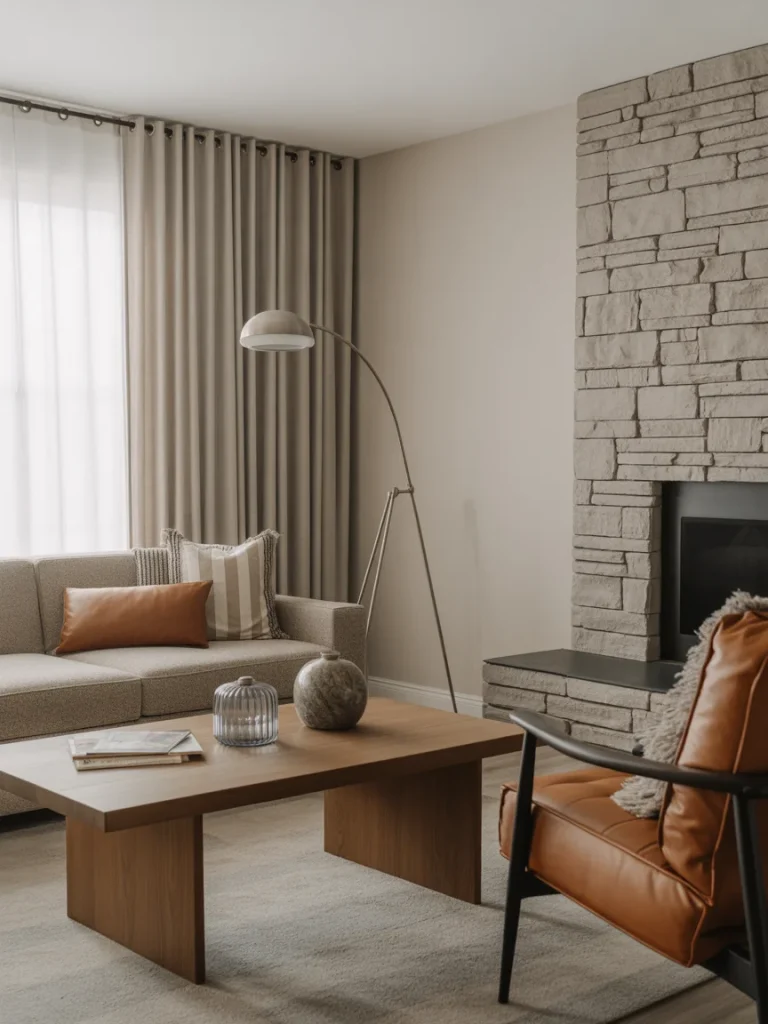 Modern living room with stone fireplace, wood coffee table, and leather accent chair