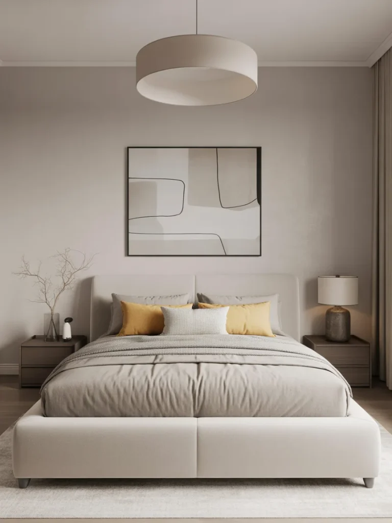 Modern bedroom with neutral decor and yellow accent pillows