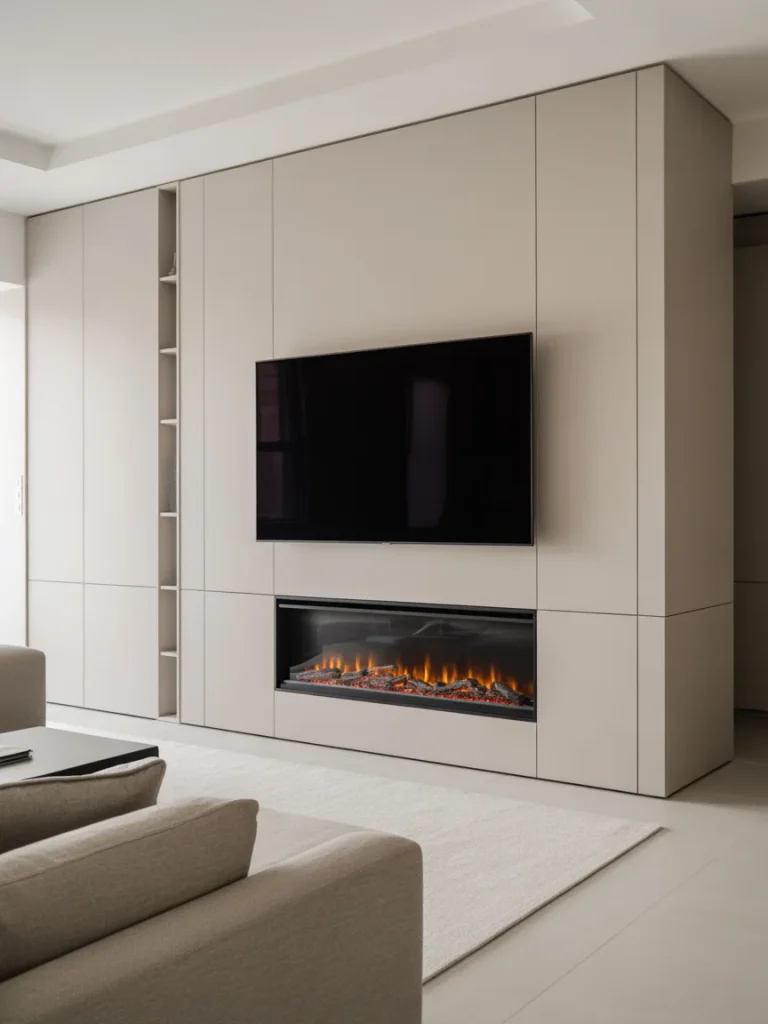 Modern fireplace and TV wall design with built-in linear electric fireplace, wall-mounted TV, and seamless floor-to-ceiling cabinetry in a neutral living room