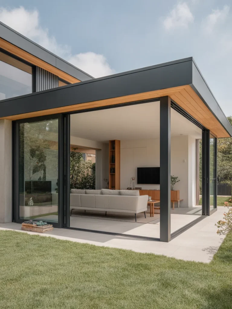 Modern glass garden room extension with black frame and sliding doors