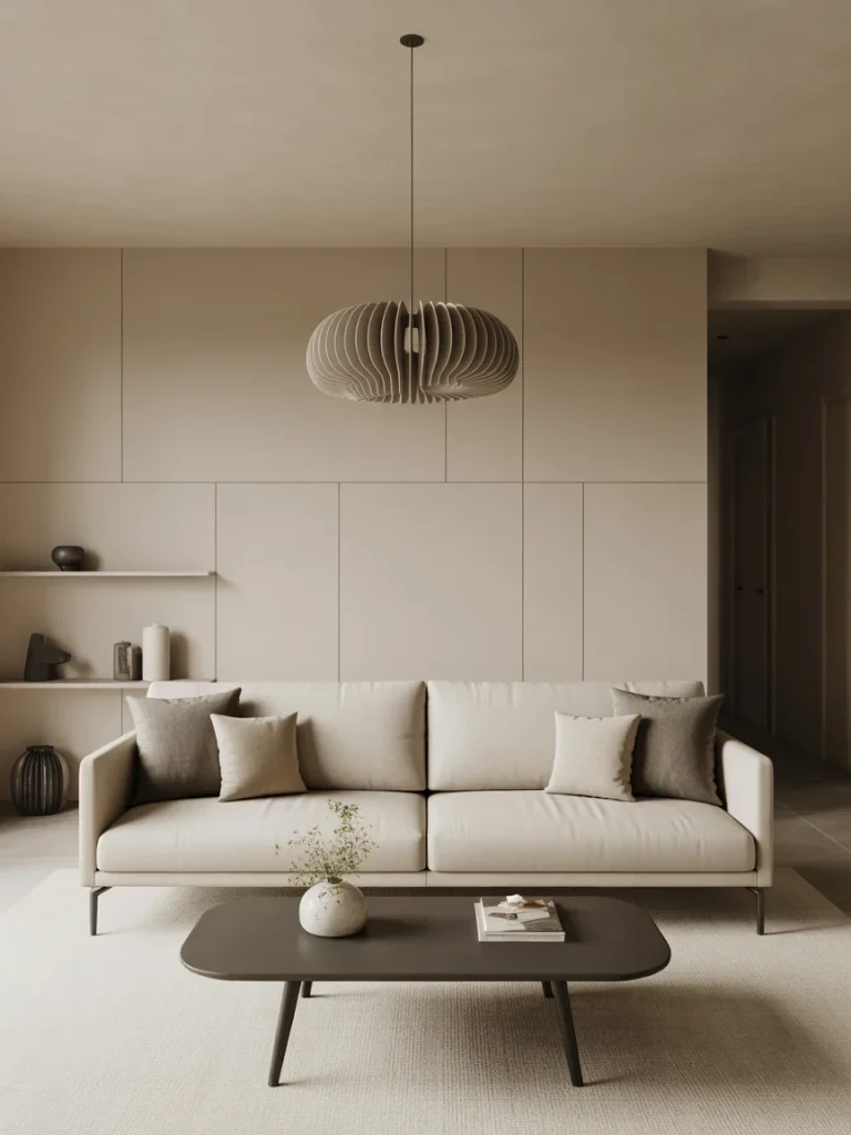 Modern living room with clean lines, neutral sofa, and minimalist decor
