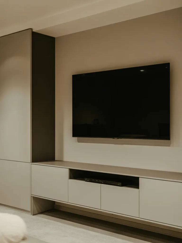 Modern minimalist media wall with wall-mounted TV and sleek storage cabinets