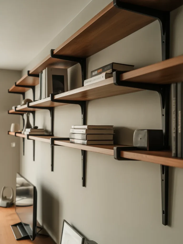 Modern floating shelves with metal brackets and wooden boards styled with books and decor