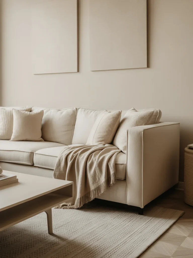 Elegant monochrome living room with beige sofa and neutral decor