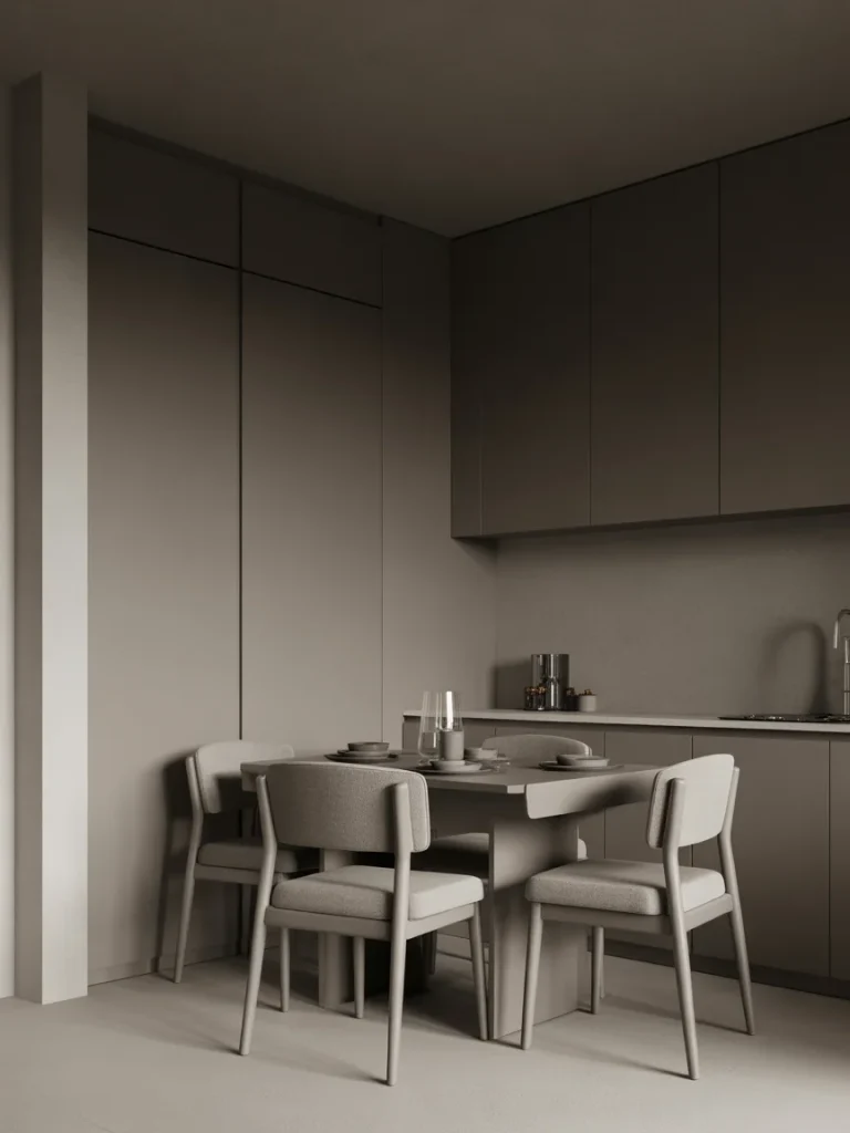 Monochrome modern dining nook with neutral table and upholstered chairs