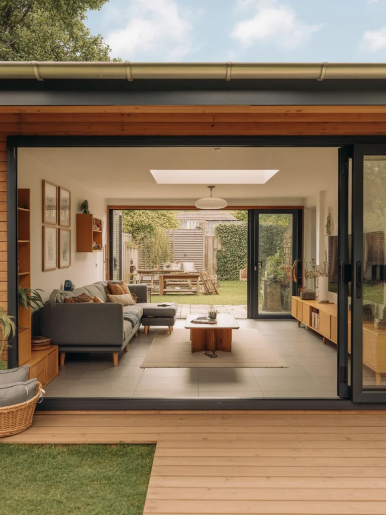 Multi-functional family garden room with sliding glass doors and modern seating
