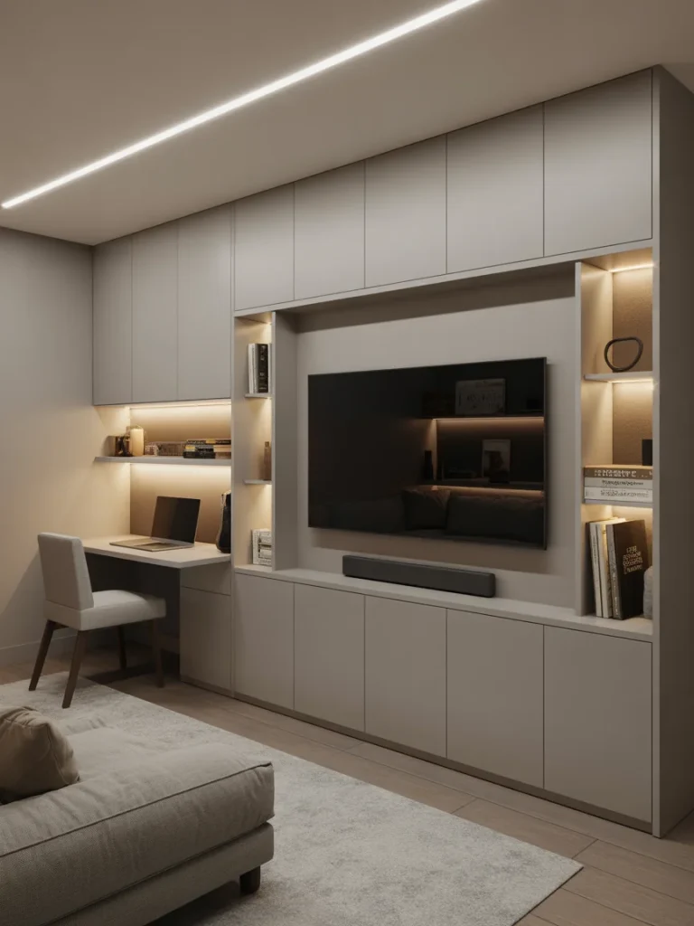 Multi-functional basement media wall with built-in desk and storage