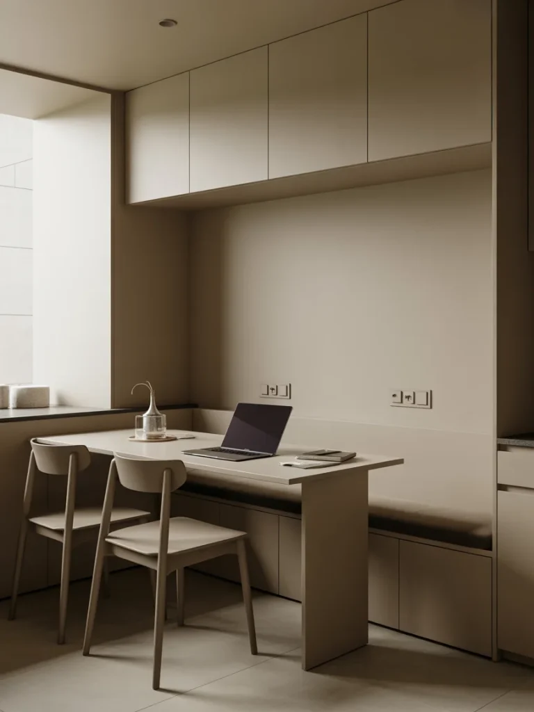 Multifunctional dining nook with built-in bench and workspace table
