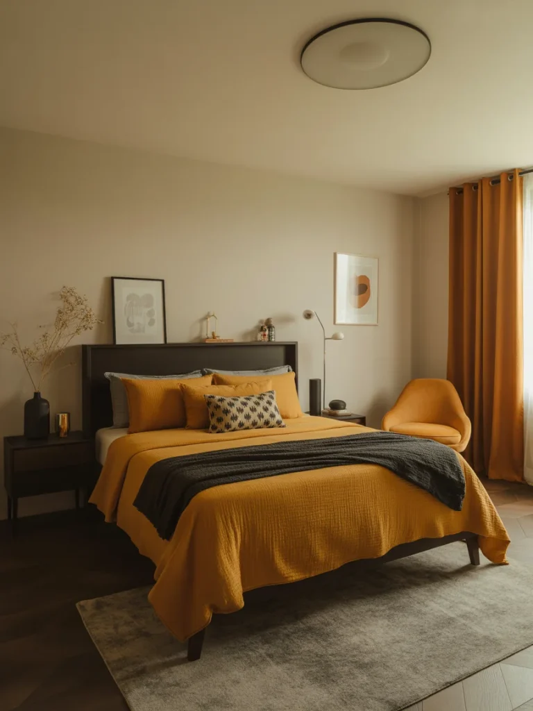 Modern bedroom with mustard yellow bedding and matching accent chair