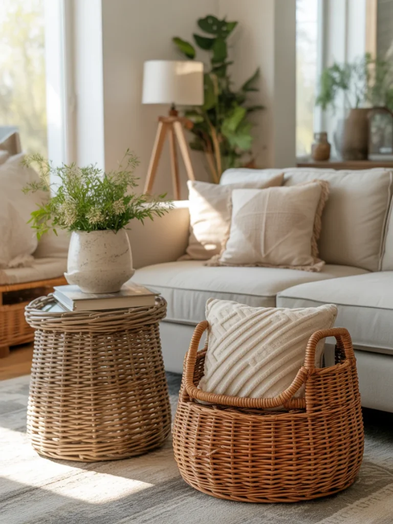 Living room with natural textures featuring wicker baskets, neutral sofa, and greenery