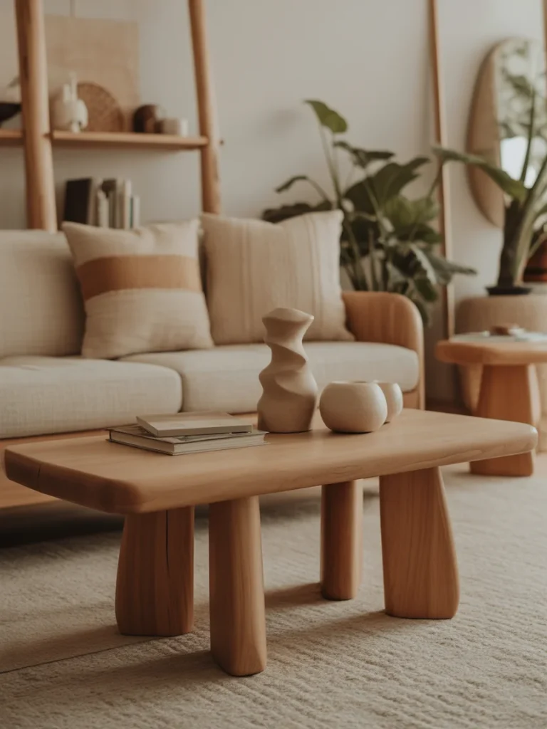 Natural wood coffee table with organic furniture in modern boho living room