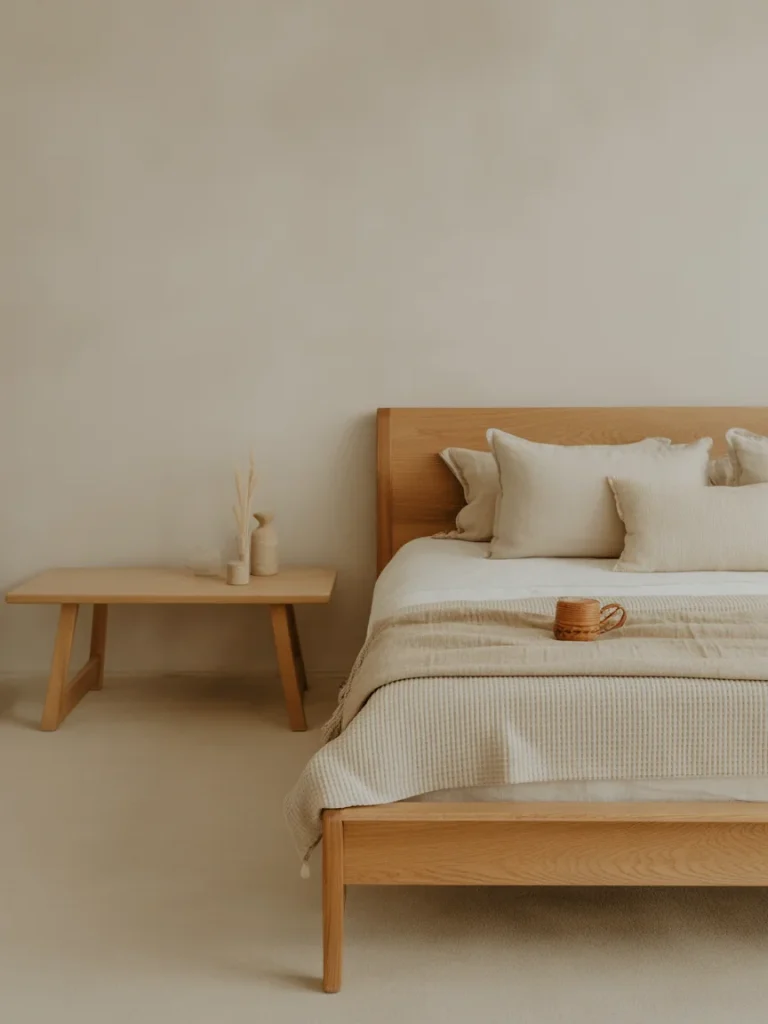 Minimal bedroom with natural wood bed and neutral bedding