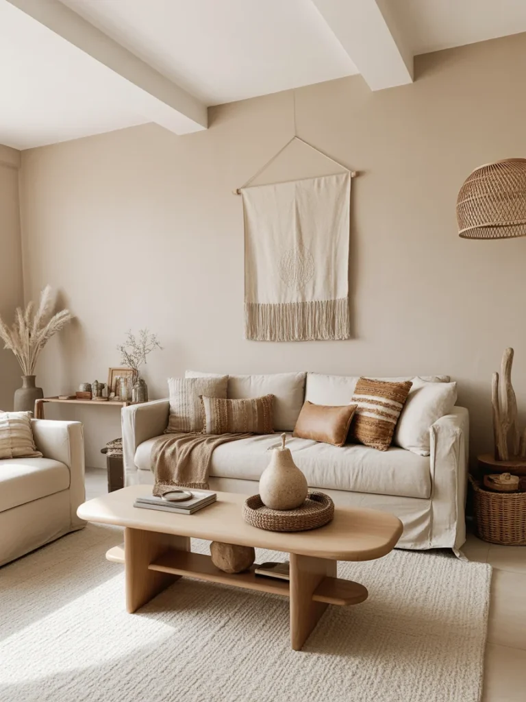 Neutral base color living room with beige sofa and minimalist boho decor