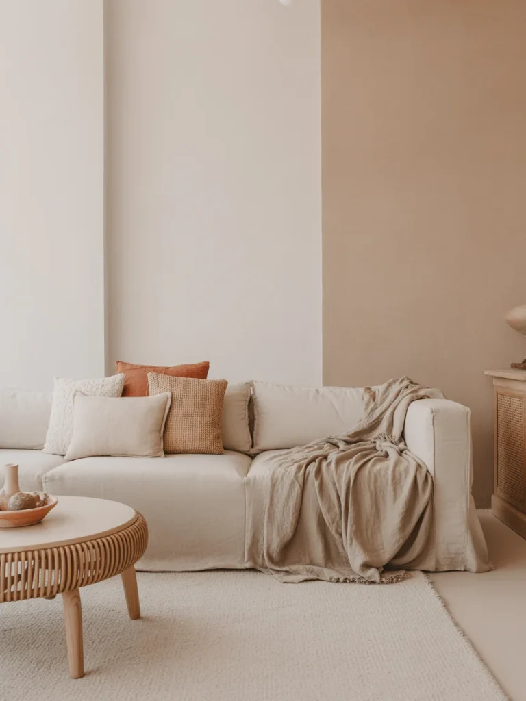 Neutral boho living room with beige sofa and warm earthy accents