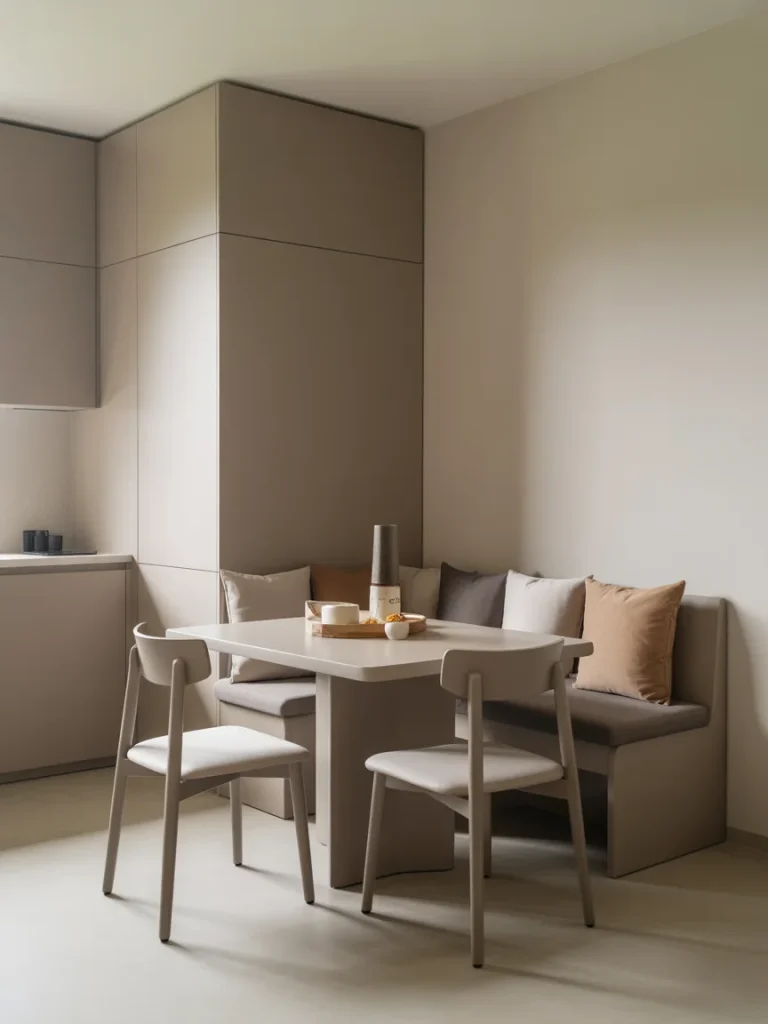 Neutral-toned dining nook with soft beige palette and modern seating