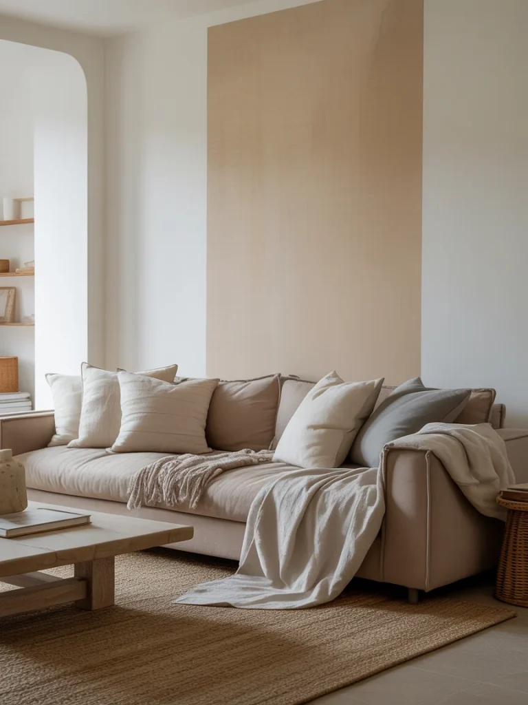 Neutral living room with beige sofa, layered cream pillows, and natural jute rug