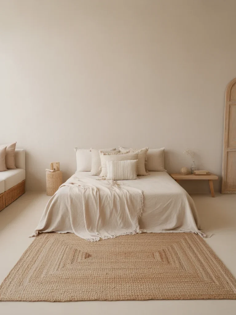 Neutral rug styled beneath a minimalist boho bed for balanced bedroom design