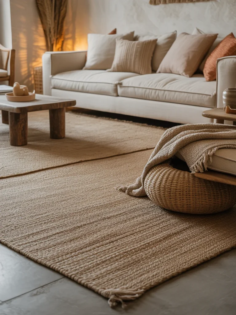 Neutral woven rug anchoring a modern boho living room seating area