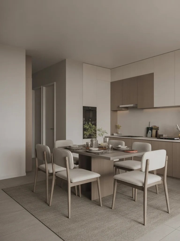 Open-concept dining corner with modern table and upholstered chairs in a minimalist kitchen