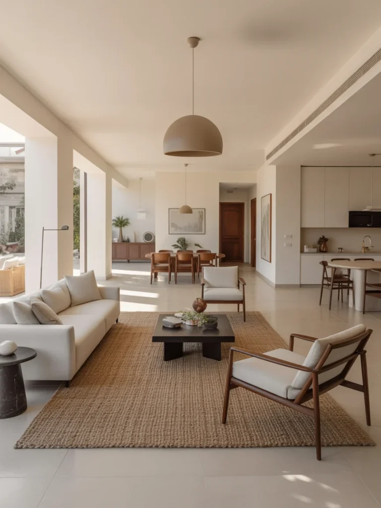 Open-concept living room with defined seating and dining zones