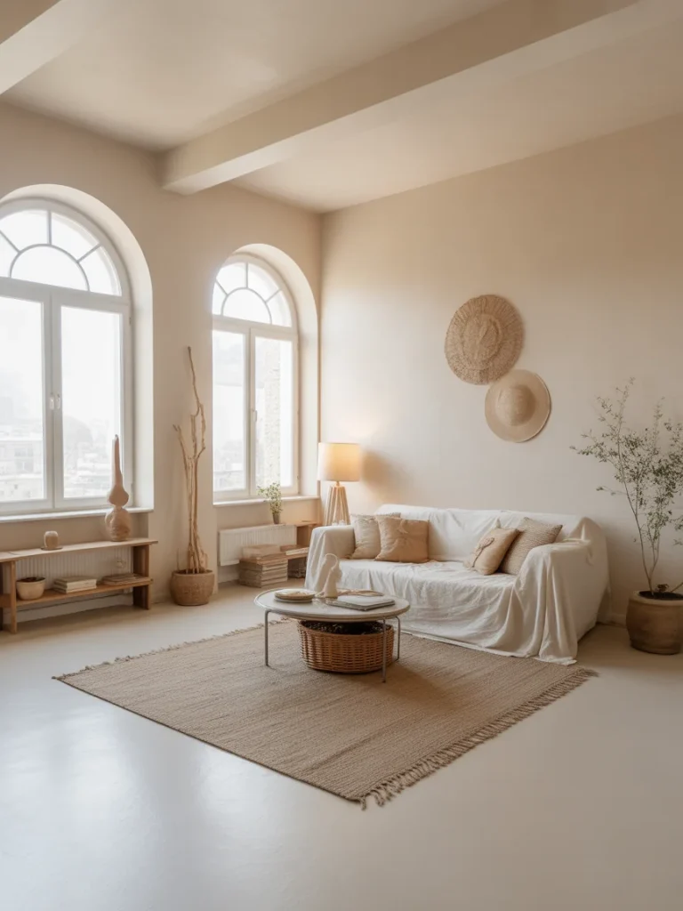 Airy open-space boho living room with neutral decor and large arched windows