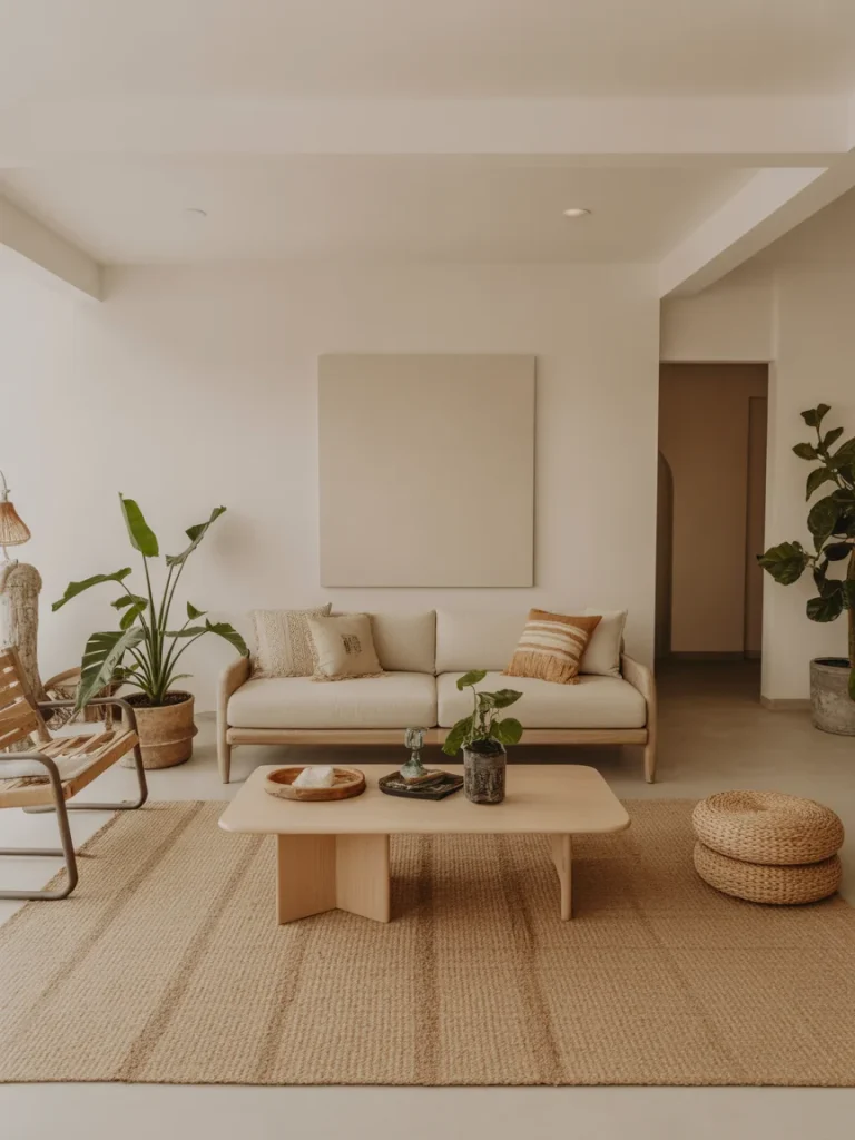 Open and airy modern boho living room with neutral tones and minimal layout