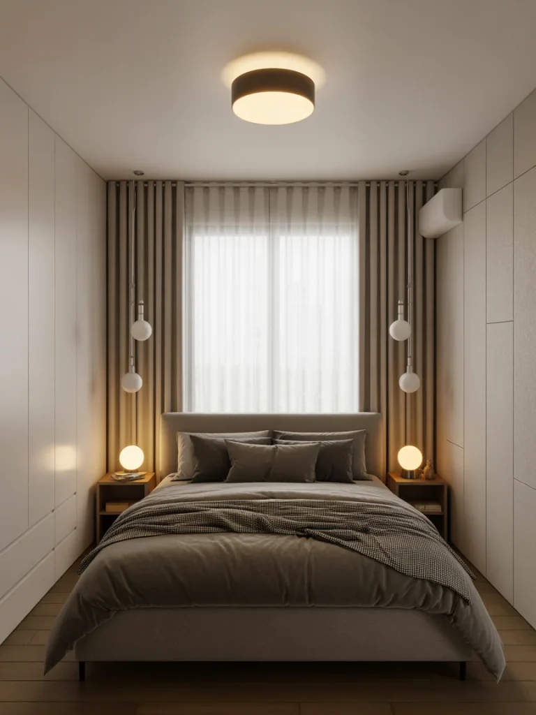 Tiny bedroom with layered lighting and soft ambient glow